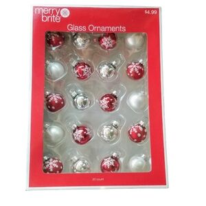 NIP Merry Brite Glass Ornaments (20) Small Balls in Red, White & Silver …